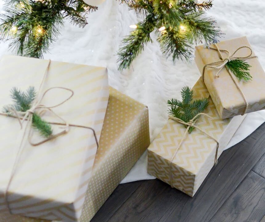 four boxes near lighted string lights